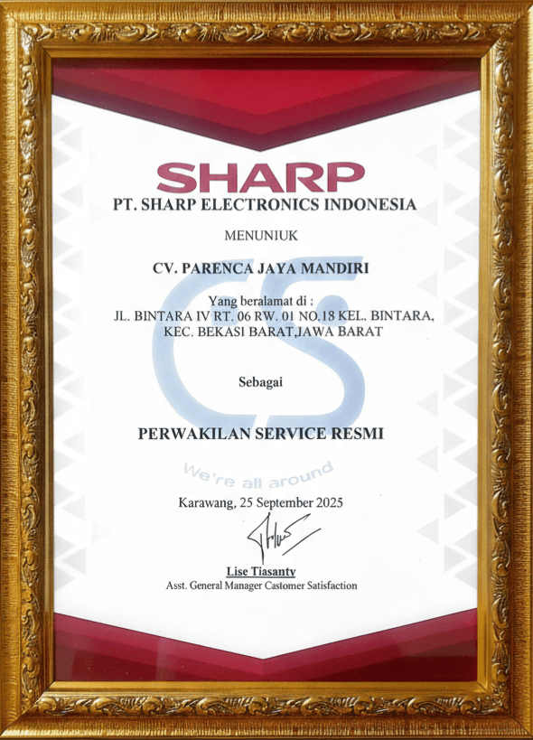 Piagam perwakilan servis resmi SHARP untuk Parenca Jaya Mandiri